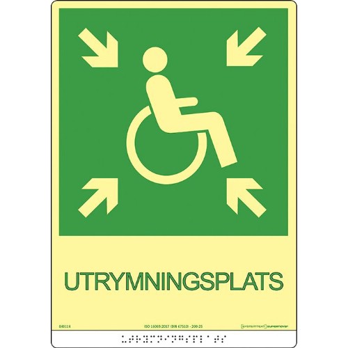 Skylt utrymningsplats Supernova färgefterlysande taktil