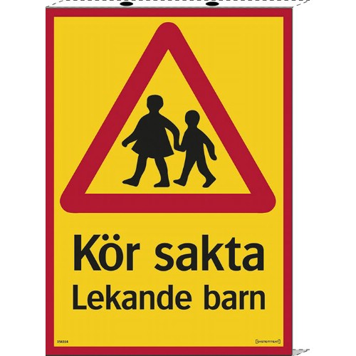 Skylt kör sakta lekande barn kantbockad