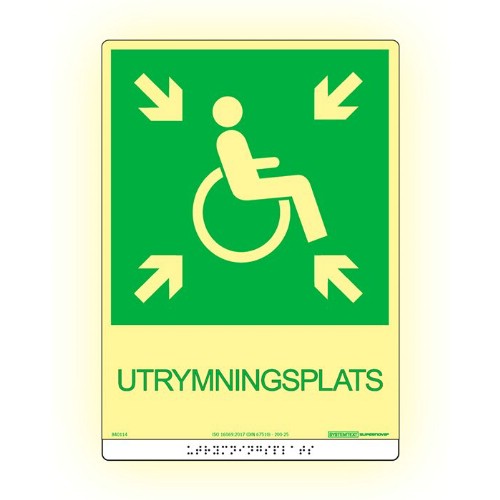 Skylt utrymningsplats Supernova färgefterlysande taktil